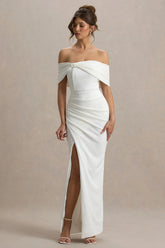 Eva | White Bardot Bow Detail Maxi Dress With Thigh Split